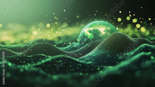 Creative representation of a planet surrounded by lush greenery under soft su...