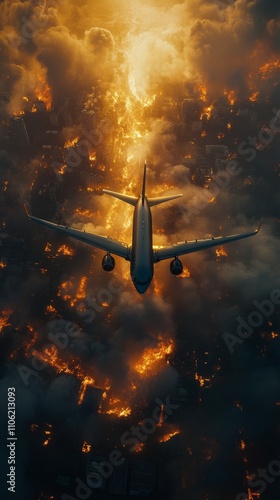 Airplane flies over a city engulfed in flames and smoke during a catastrophic...