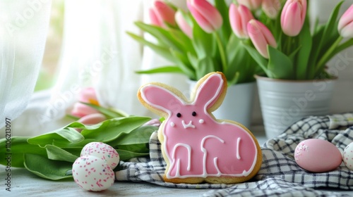 Easter celebration with pink bunny cookie and tulips in a spring setting