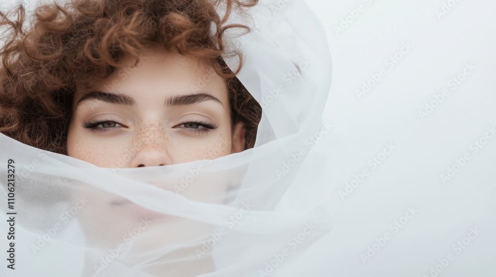 Bride with curly hair and freckles gazing through a translucent veil Bride with curly hair and freckles gazing through a translucent veil