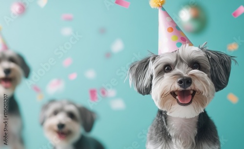 Happy dogs celebrating a festive birthday party with party hats and colorful ...