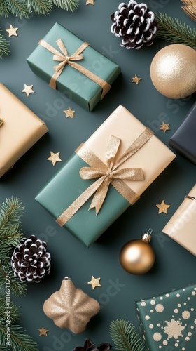 Gift wrapping arrangement with festive decorations for winter celebrations