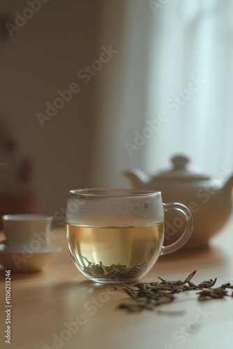 Warm herbal tea in a clear glass cup next to a teapot and a small cup in a co...