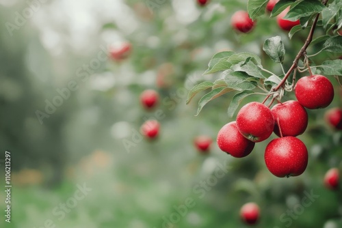Bright red apples hanging on a tree branch in a lush orchard during late summer