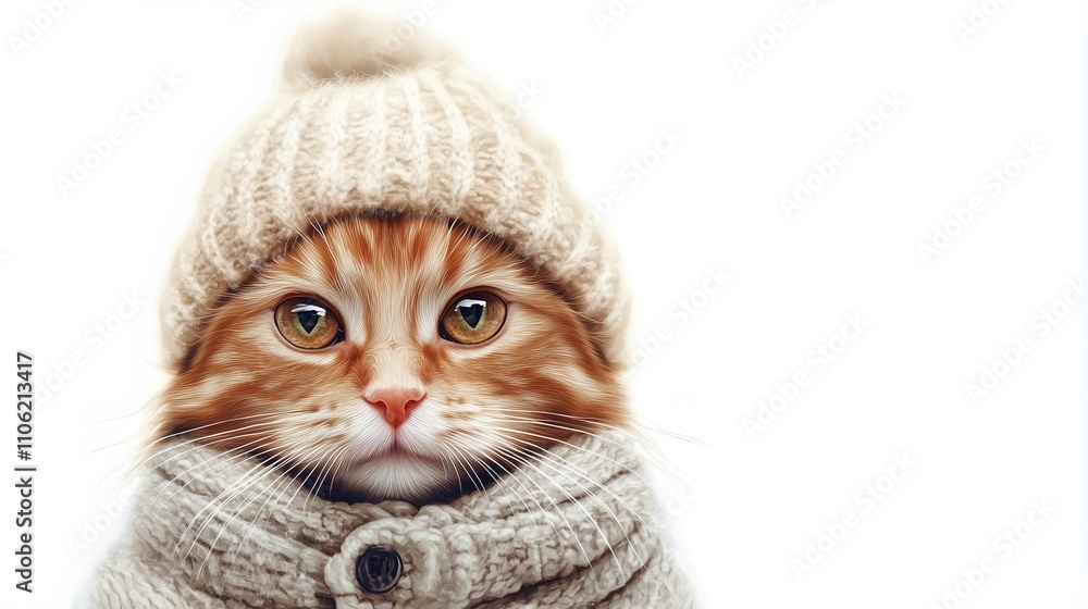 A charming orange tabby cat wearing a cozy beige hat and sweater, exuding warmth and cuteness in a minimalist white background.
