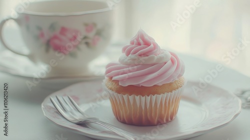 Freshly baked cupcake with pink frosting beside a floral tea cup on a table