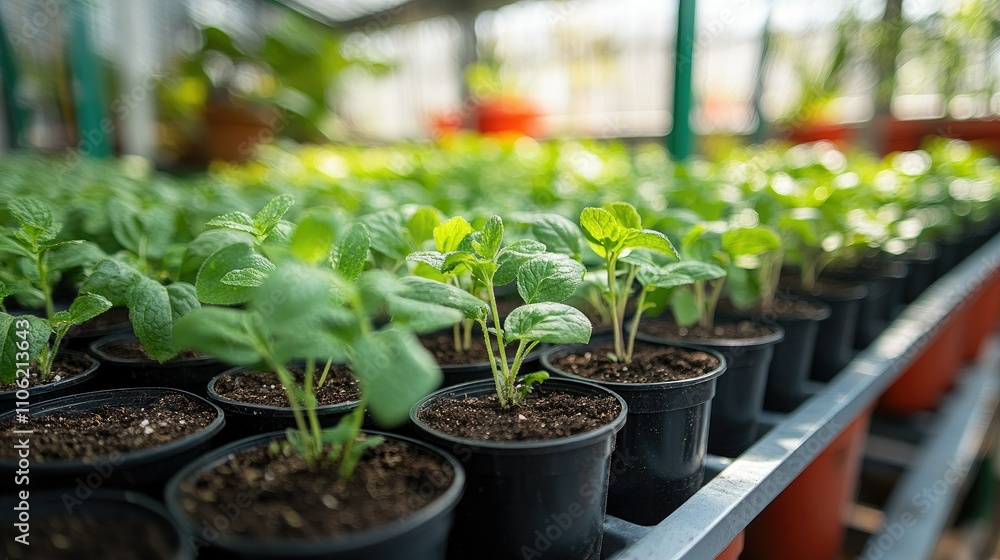 Seedlings growing in pots inside a greenhouse filled with light Seedlings growing in pots inside a greenhouse filled with light