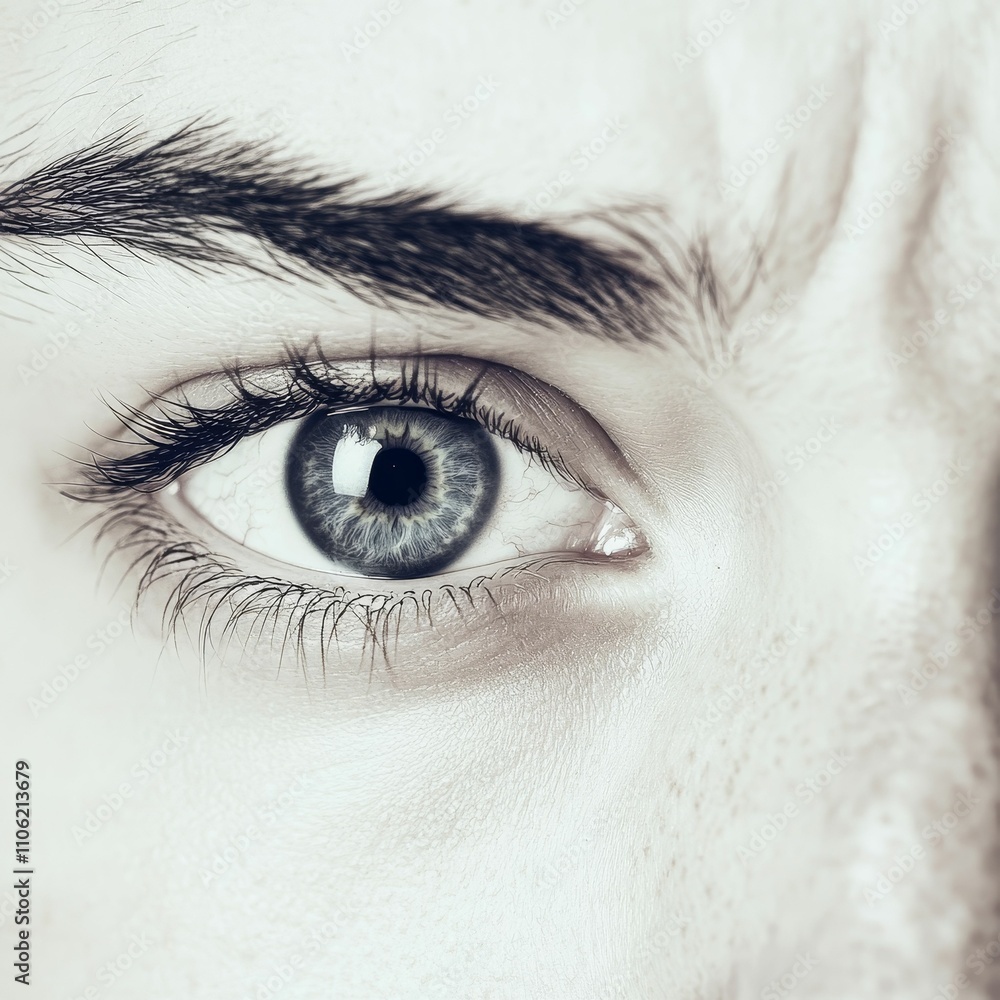 Close-up, gray-toned eye, eyelashes, eyebrow, skin texture. Close-up, gray-toned eye, eyelashes, eyebrow, skin texture.