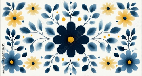 Floral pattern design featuring dark blue and yellow flowers with leaves on a...