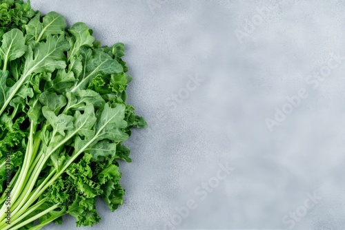Fresh kale leaves arranged on a gray background showcasing vibrant green colo...