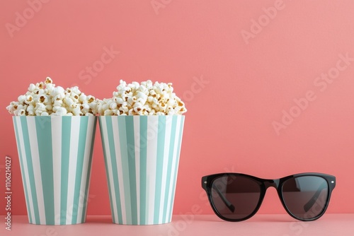 Popcorn in striped containers with stylish sunglasses on a pink background