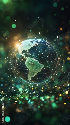 Global connectivity illustrated through a vibrant green digital globe represe...