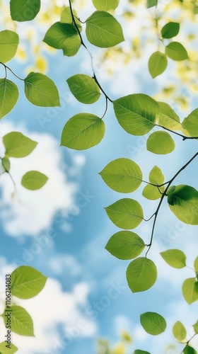 Blue sky framed by green leaves creates a serene atmosphere in nature