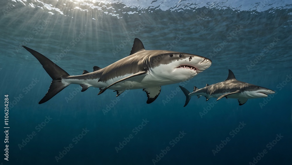 Fototapeta premium Hammerhead sharks gracefully swimming in the ocean.