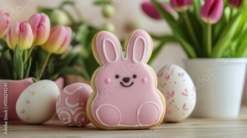 Easter celebration with pink bunny cookie and tulips in a spring setting