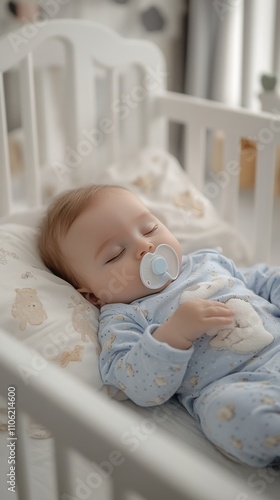 Baby peacefully sleeping in a crib surrounded by soft toys and cozy blankets