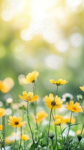 Vibrant yellow and white wildflowers sway gently in the warm sunlight of a tranquil meadow