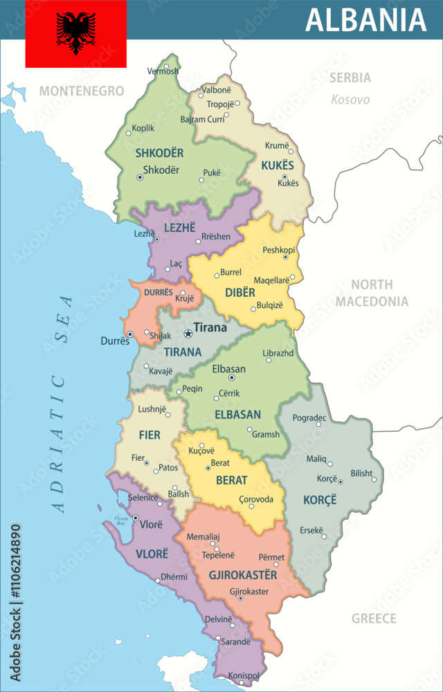 Fototapeta premium Albania Map Vector New 2024 Colorful - Customizable layered political map of Albania with administrative divisions for website, education, reports, news, politics, print, poster and wallpaper