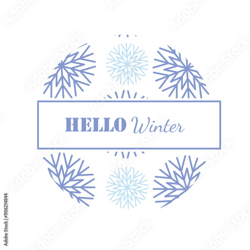 Hello winter. 1st December as a symbol of winter beginning. Hand drawn vector illustration in flat style. Blue snowflakes background. Vector web banner, greeting card, snowfall design, round frame