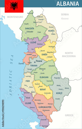 Albania Map Vector New 2024 Colorful - Customizable layered political map of Albania with administrative divisions for website, education, reports, news, politics, print, poster and wallpaper
