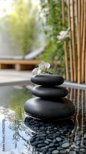 Relaxing spa setting with stacked stones and orchids in tranquil water