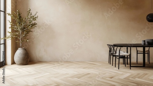 Modern dining area with wooden herringbone floor and elegant decor in bright ...