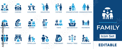 Family Icon Set. Features editable icons for family symbols, parents, children, grandparents, relationships, and more. Perfect for family-related designs, presentations, and websites.