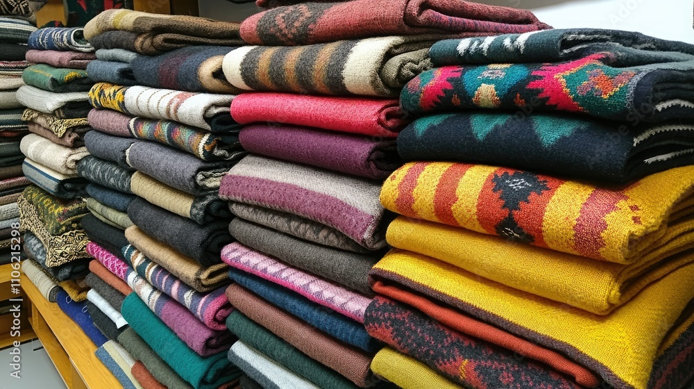 Colorful stack of neatly arranged blankets and textiles in a store Colorful stack of neatly arranged blankets and textiles in a store