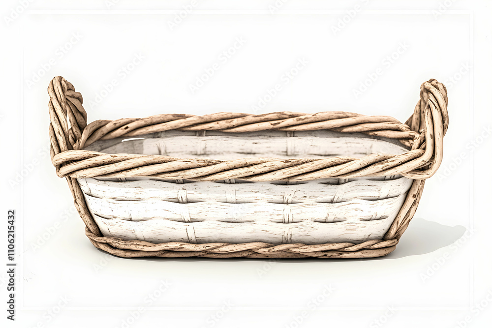 Obraz premium Stylish White Woven Basket with Twisted Handle Ideal for Home Decor, Storage Solutions, and Organizational Uses in Modern Settings or Rustic Interiors