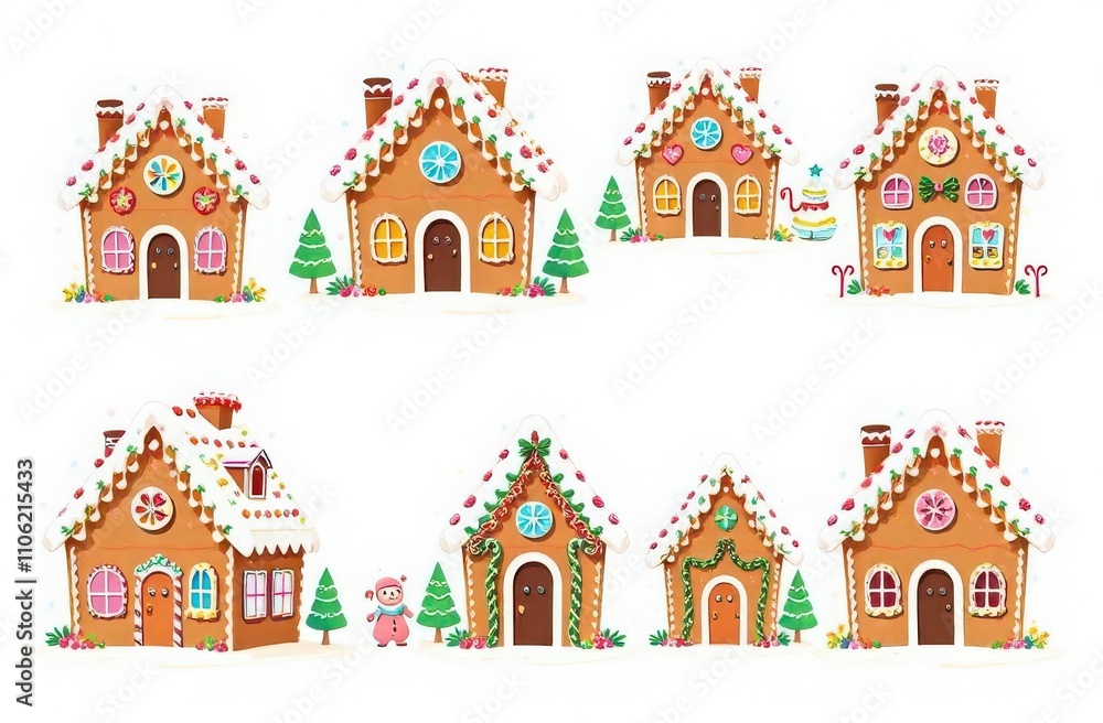 gingerbread houses pattern Christmas decorations, cute and festive icons on white background. gingerbread houses pattern Christmas decorations, cute and festive icons on white background.