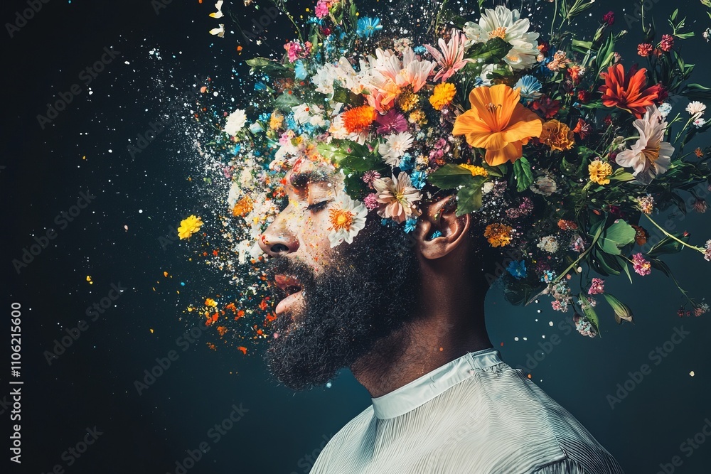 creative barber man head exploding with colorful paint and flowers