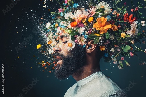 Obraz na płótnie creative barber man head exploding with colorful paint and flowers w salonie
