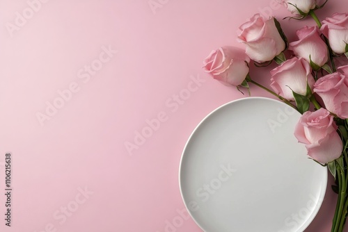Beautiful table setting with white plate and pink roses on pastel background ...