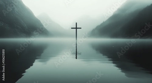 Cross stands in tranquil lake surrounded by mist and mountains at dawn