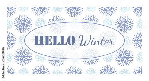 Hello winter. 1st December as a symbol of winter beginning. Hand drawn vector illustration in flat style. Blue snowflakes background. Vector web banner, greeting card, snowfall design, square frame
