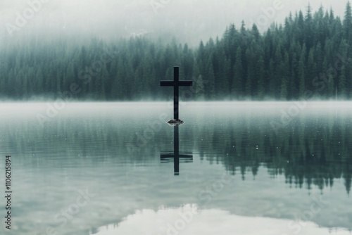 Reflection of a cross in calm water surrounded by mountains during early morn...