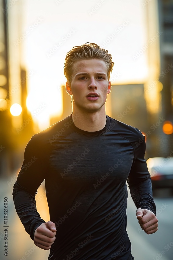 Fototapeta premium young man jogging in the city at sunset