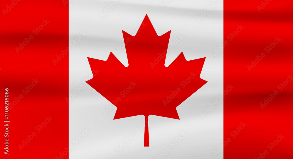 Illustration of the Canadian flag waving in the wind, red and white with the maple leaf emblem Illustration of the Canadian flag waving in the wind, red and white with the maple leaf emblem