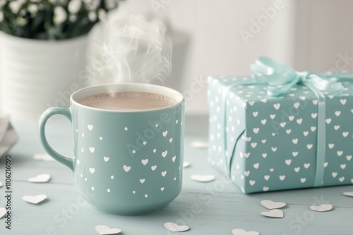 A cup of coffee with a heart design in the foam sits on a small plate