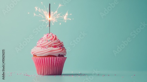 Sparkling cupcake with pink frosting on a blue background for celebration pur...