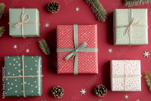 Festive gift display with greenery and decorations on a deep red background
