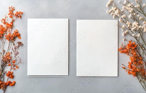 Elegant floral arrangement with blank cards on a light background for design ...