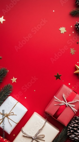 Festive holiday decorations with gifts and pine cones on a vibrant red backgr...