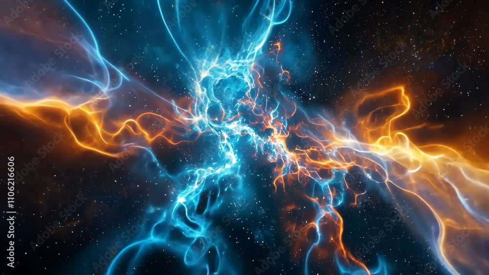 A vibrant, swirling nebula with blue and orange hues against a backdrop of scattered stars A vibrant, swirling nebula with blue and orange hues against a backdrop of scattered stars