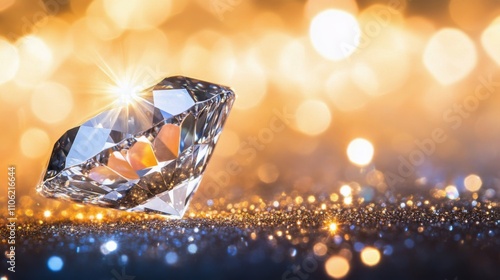 Sparkling diamond engagement ring on black surface with shiny background