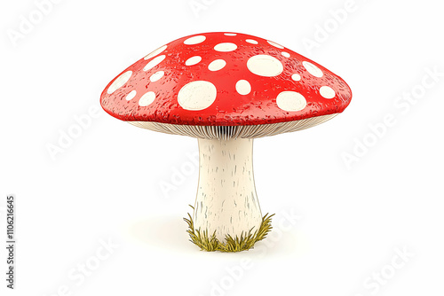 Vibrant Red and White Mushroom with Spots, Standing Alone on a White Background, Ideal for Nature, Illustration, and Fantasy Themes in Digital Art and Design Projects