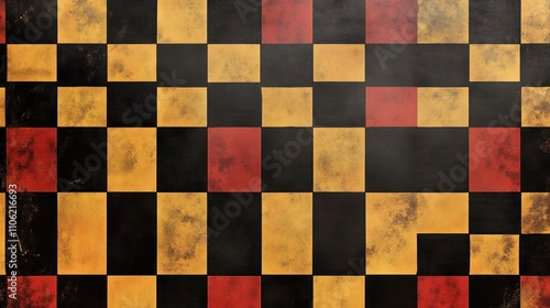 A textured checkerboard pattern featuring black, red, and yellow squares.