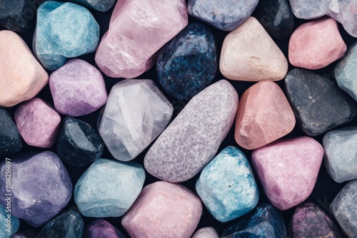 Colorful collection of various gemstones and crystals displayed on a dark bac...