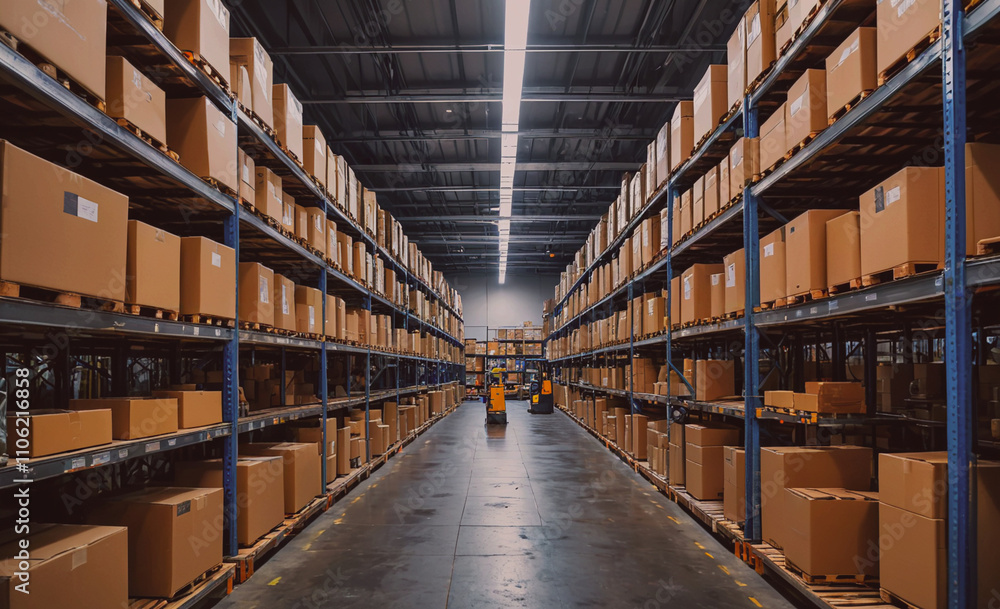 Large warehouse with a forklift driving down the aisle. The forklift is in the middle of the aisle, surrounded by stacks of boxes. The boxes are all different sizes Large warehouse with a forklift driving down the aisle. The forklift is in the middle of the aisle, surrounded by stacks of boxes. The boxes are all different sizes