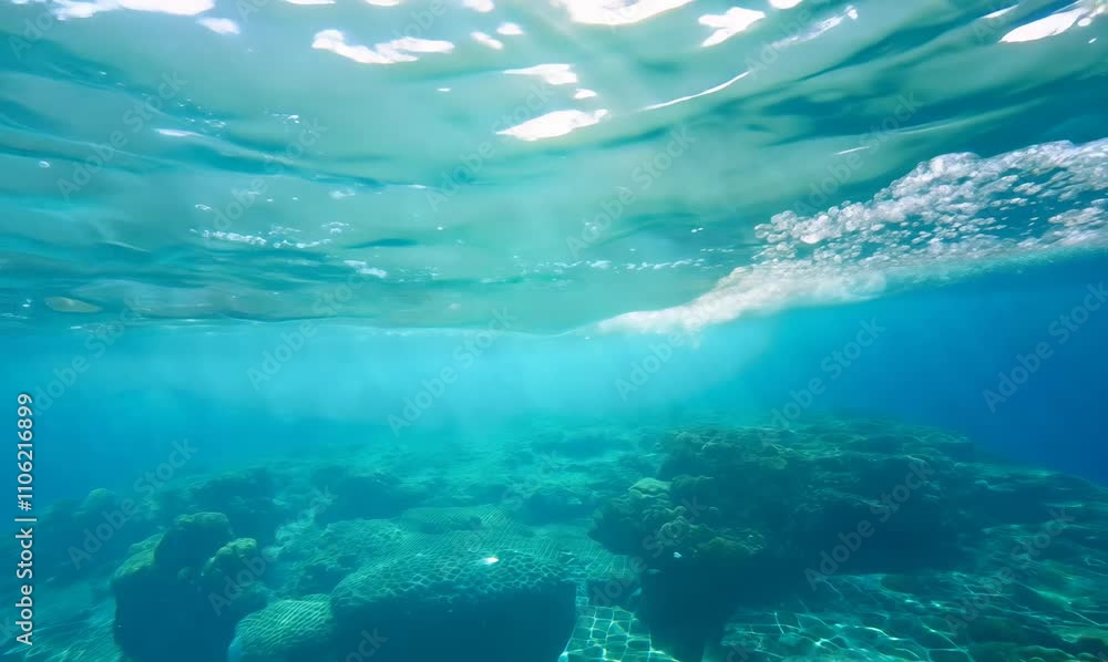 immersive underwater view: captivating light dynamics in blue water immersive underwater view: captivating light dynamics in blue water